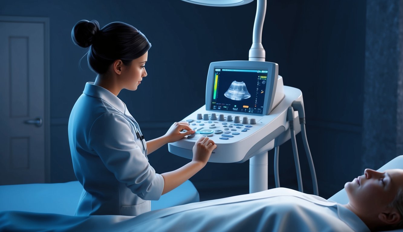 A technician adjusts ultrasound machine settings in a dimly lit room, while a patient lays on the examination table
