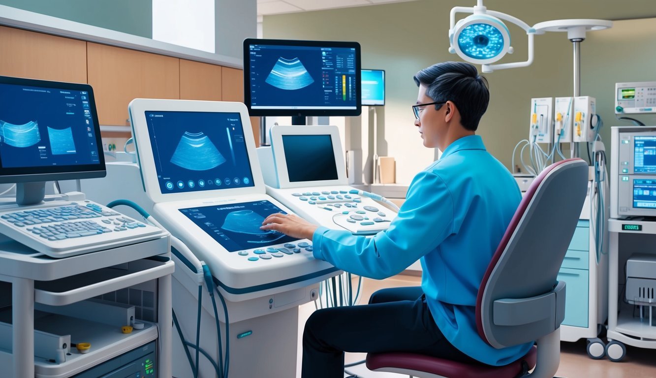 A person operating an ultrasound machine in a hospital setting, surrounded by medical equipment and monitors