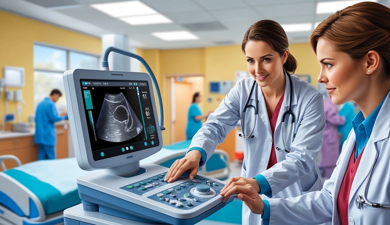 A technician operating an ultrasound machine in a busy hospital room