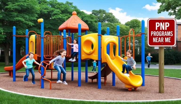 Children playing on a colorful playground with a "PNP Programs Near Me" sign