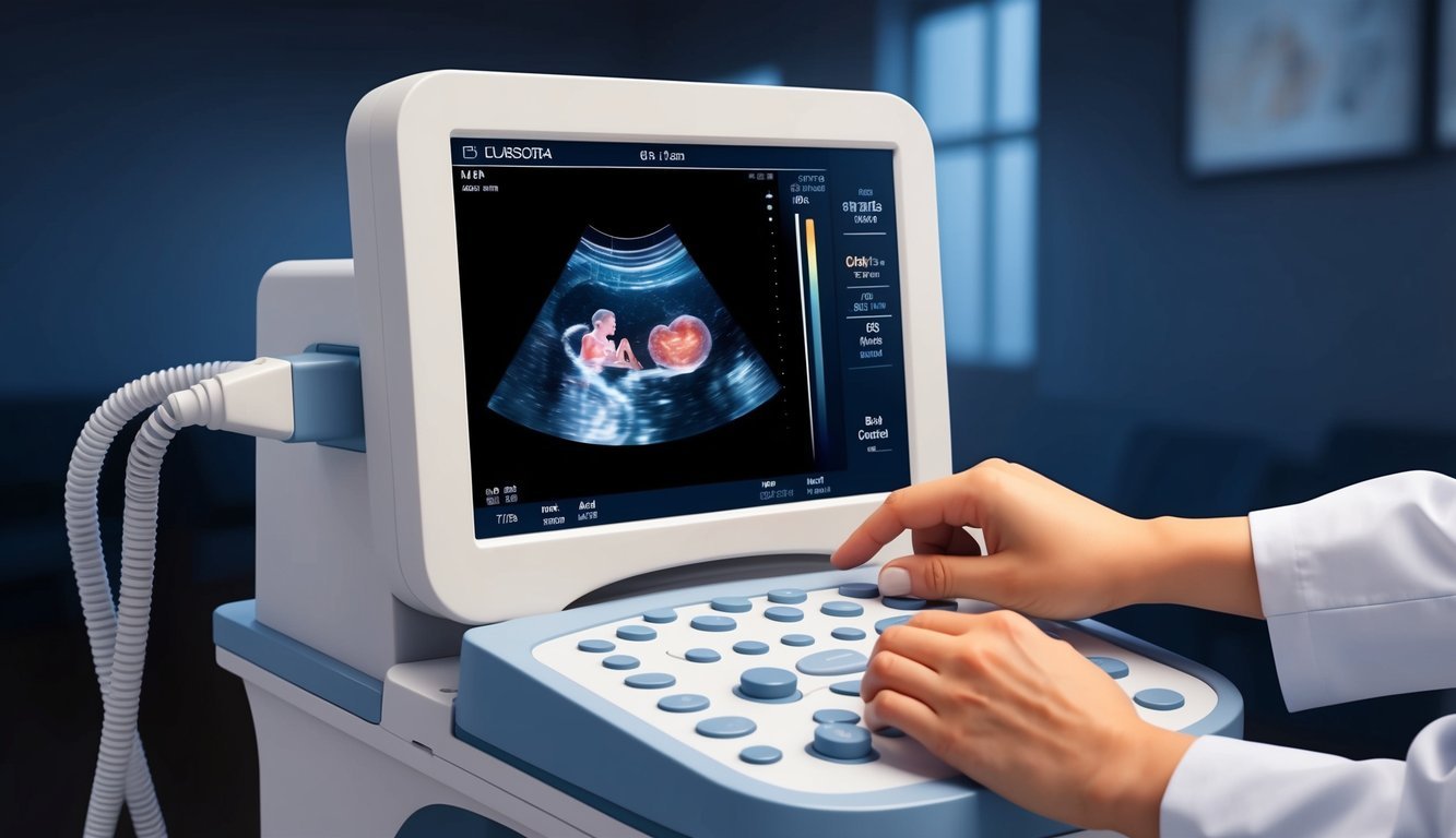 An ultrasound machine in a dimly lit room, with the technician's hand adjusting the controls.</p><p>The screen displays a cross-section of a baby in the womb