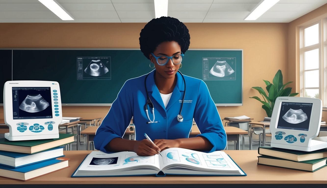 A doctor studies ultrasound images in a classroom setting