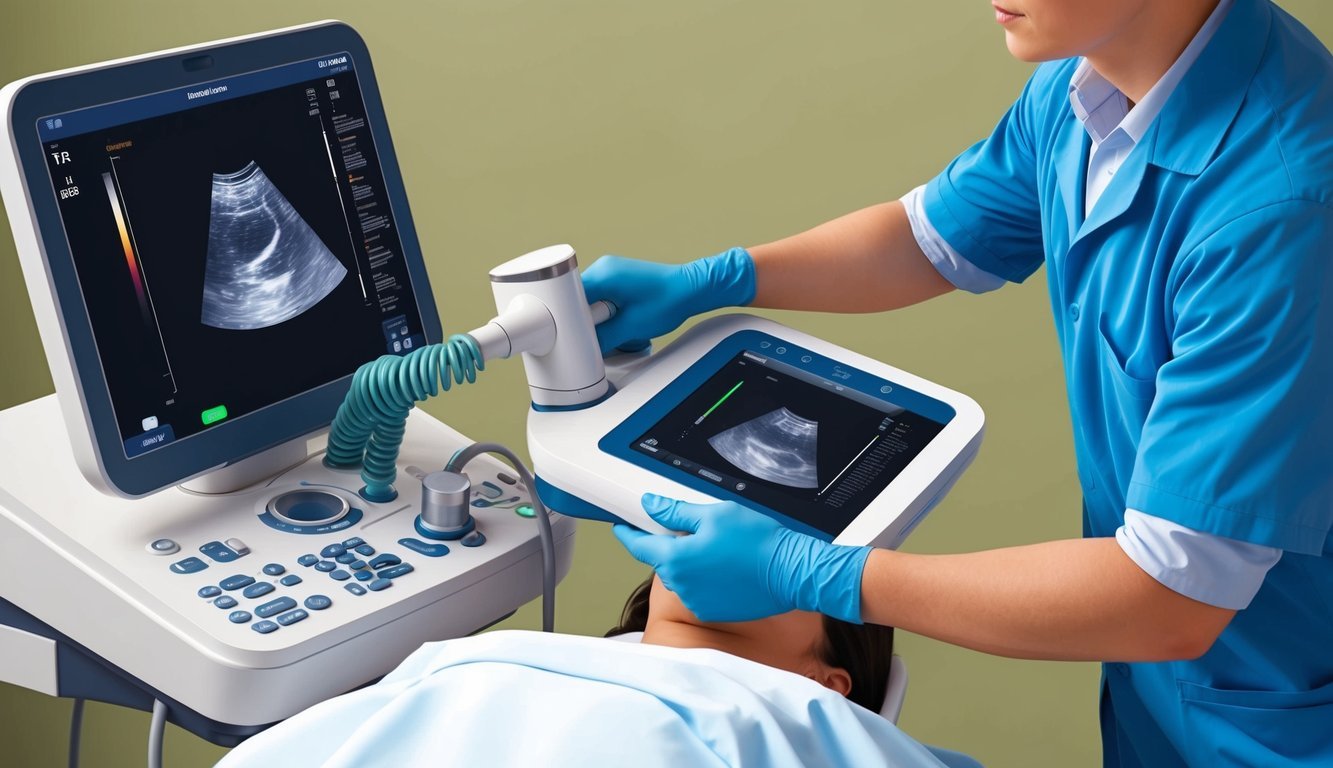 A person operating an ultrasound machine on a patient