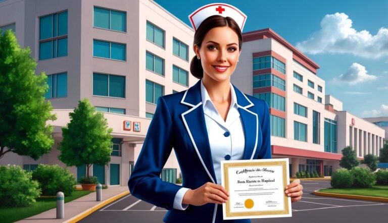 Smiling nurse in uniform holding a certificate in front of a hospital