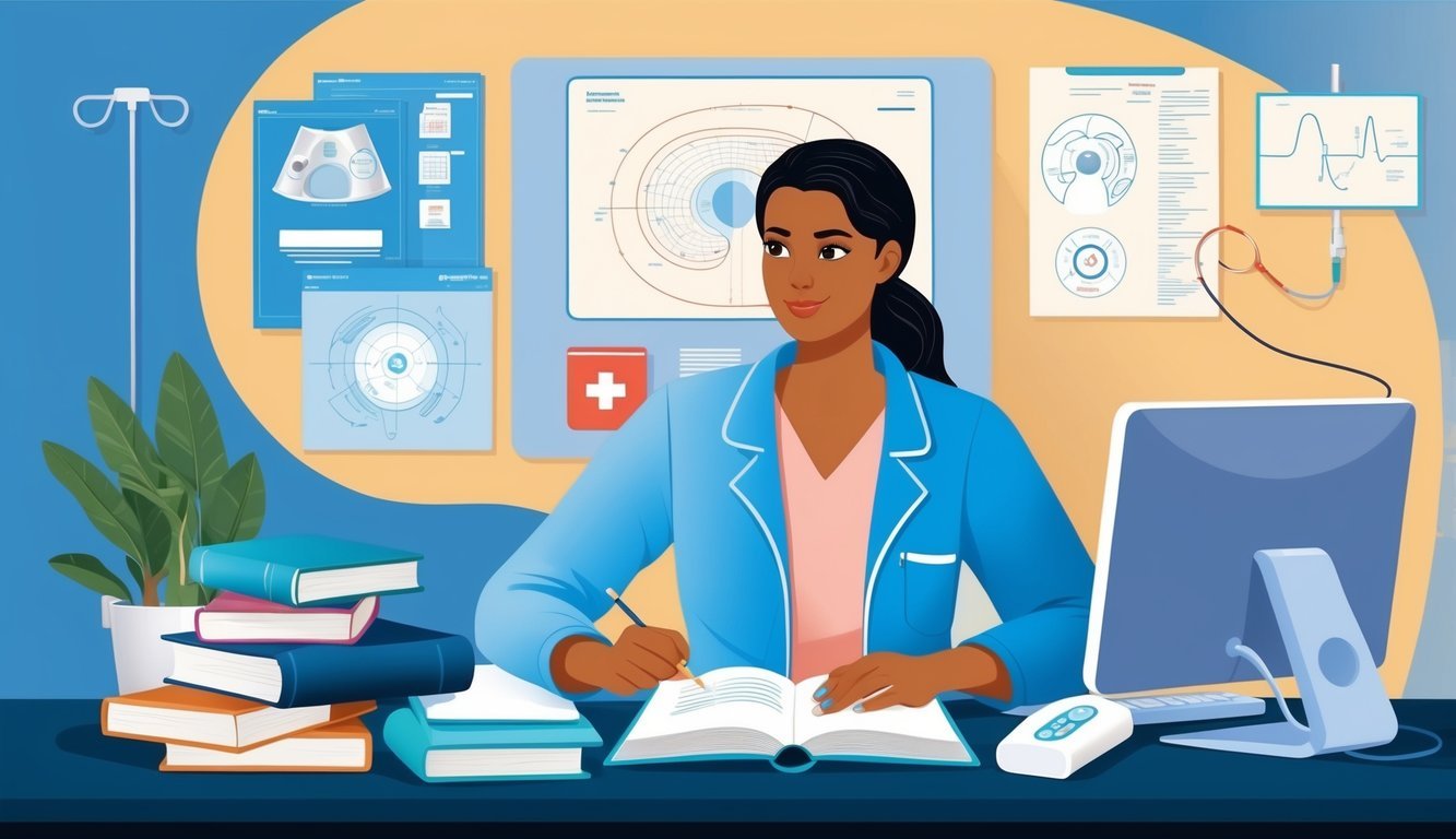 A person studying ultrasound tech with books and a computer, surrounded by medical equipment and diagrams