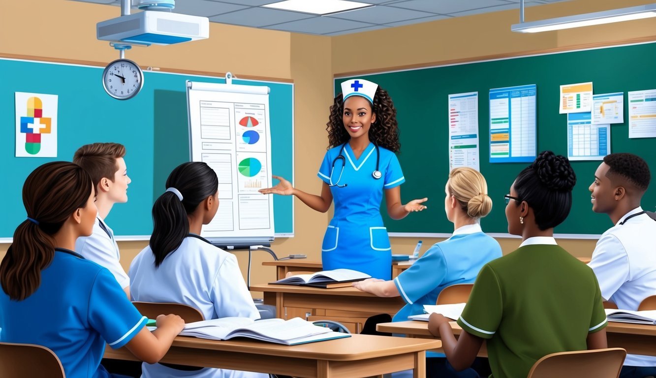 A nurse in a classroom, surrounded by medical equipment and charts, teaching a group of healthcare professionals