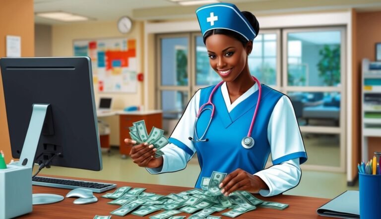 Nurse counting money at a desk in a medical office setting