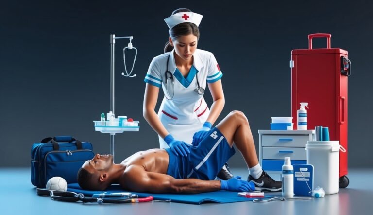 Nurse tending to an injured man lying on a medical mat