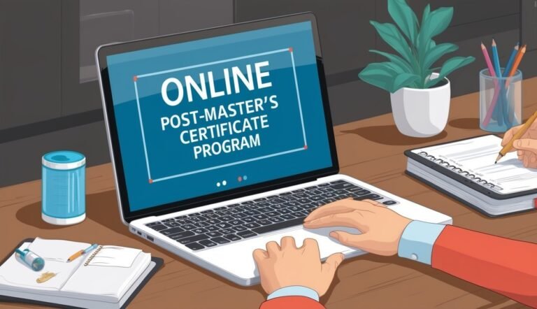 Laptop with "Online Post-Master's Certificate Program" on screen, hands typing