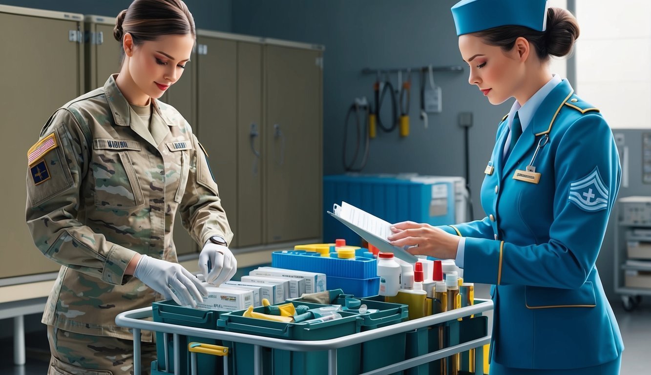 Two women in uniforms organize medical supplies on a cart