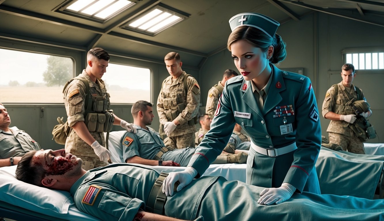 A military nurse in uniform caring for wounded soldiers in a field hospital