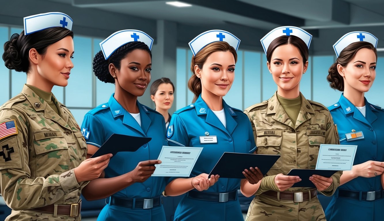 A group of military nurses in uniform participating in training exercises and receiving certifications