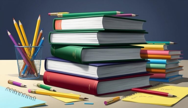 Stack of colorful books with pencils and a pencil holder