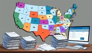 Map of the US with stacks of papers and a computer