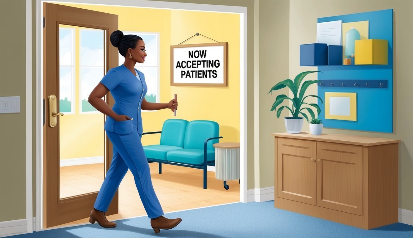 Nurse walking through a door, "Now Accepting Patients" sign visible