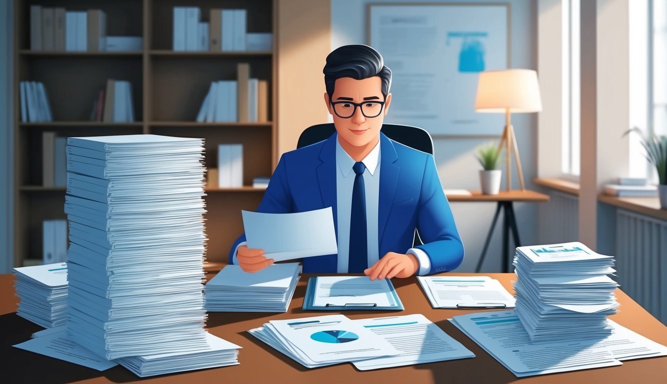 An NP reviewing a stack of legal documents and regulations in a well-lit office