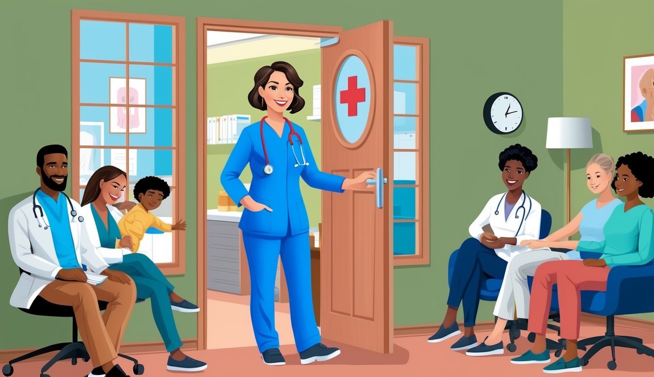 An NP confidently opens the door to their own medical practice, welcoming patients inside