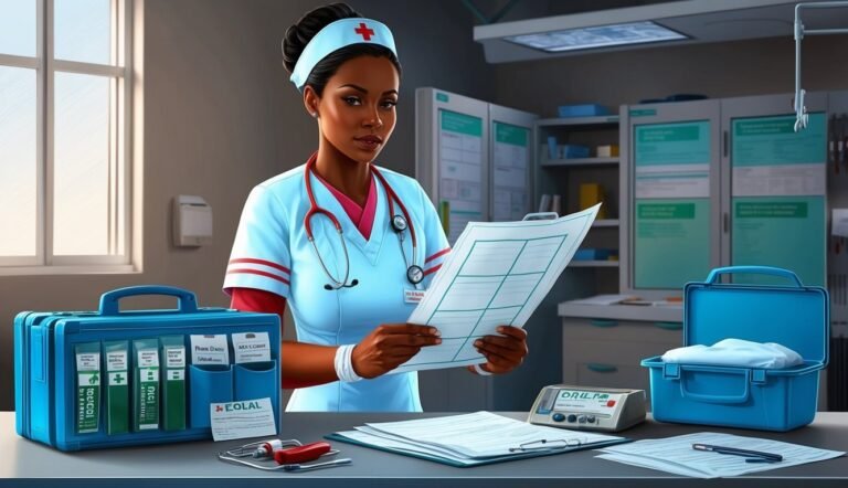 Nurse in uniform holding medical chart, medical supplies on desk