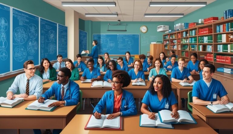 Medical students in a classroom, taking notes, with a professor in the background