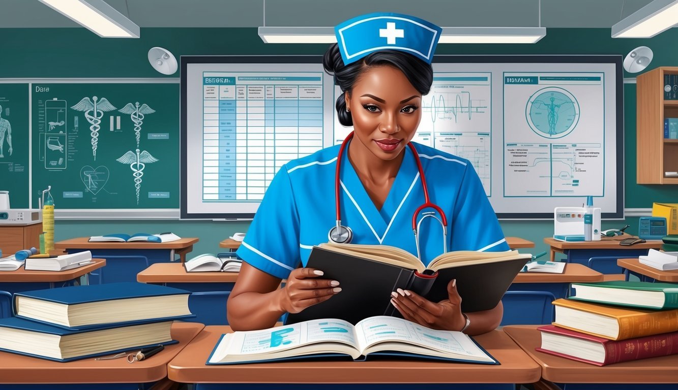 A trauma nurse studying textbooks and medical charts in a classroom filled with medical equipment and diagrams