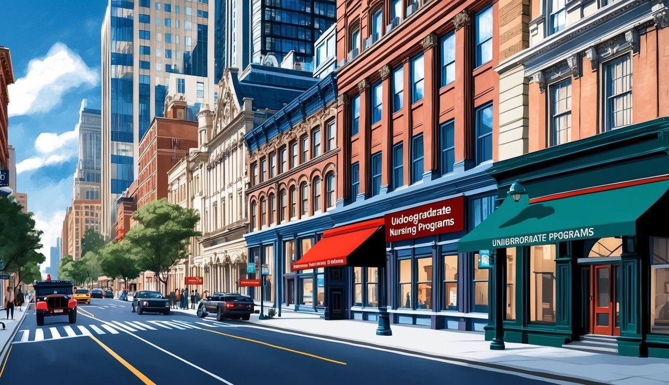 A bustling city street with tall buildings and a mix of modern and historic architecture, with a prominent sign for "Undergraduate Nursing Programs."