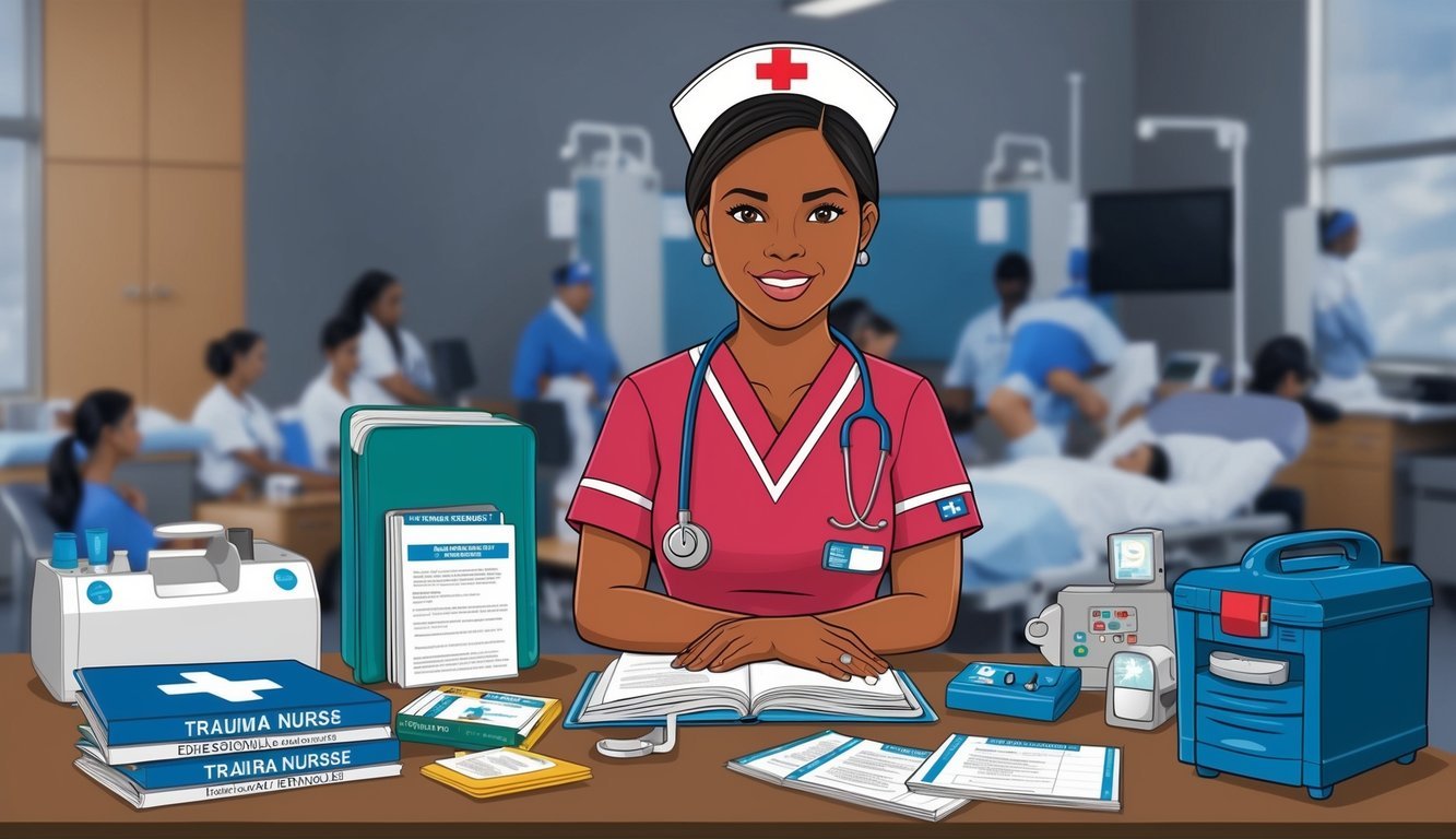 A trauma nurse attending a professional development seminar, surrounded by medical equipment and educational materials