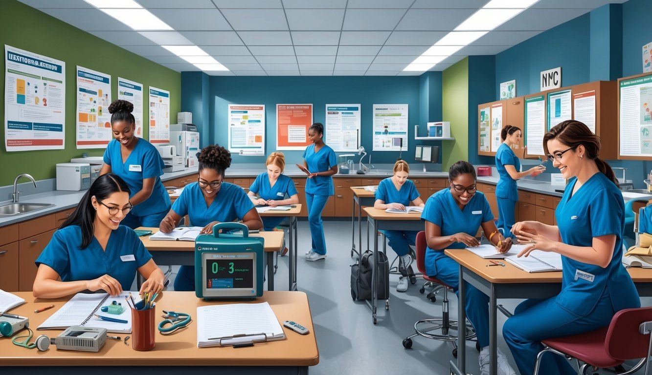 A bustling classroom with students engaged in hands-on learning, surrounded by posters and medical equipment, in a modern nursing school in NYC