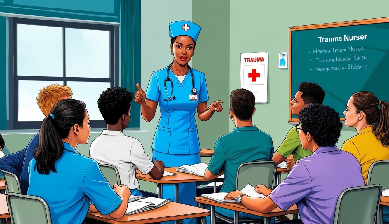 A trauma nurse teaching a group of students in a classroom setting