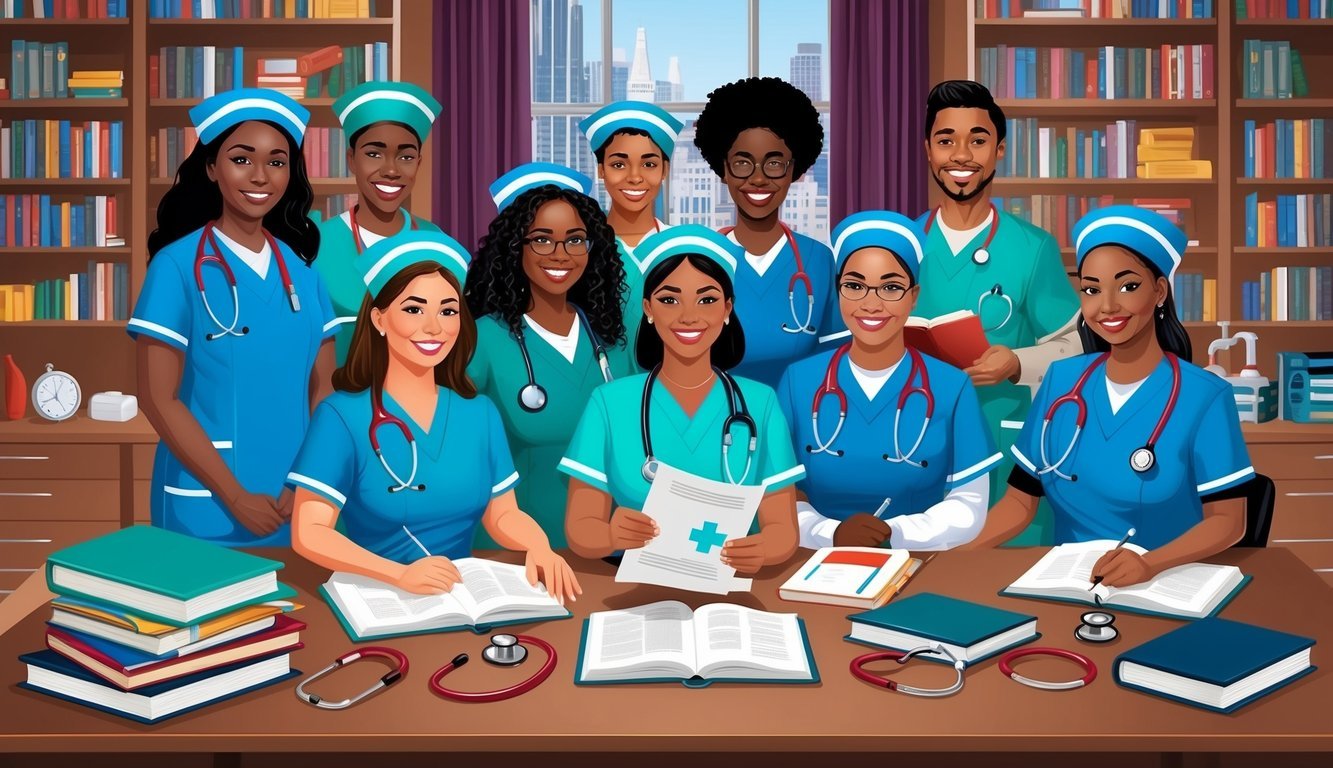 A group of nursing students in NYC receive scholarships and funding for their education, surrounded by textbooks, stethoscopes, and medical equipment