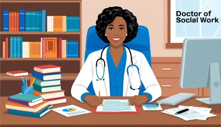 Smiling Black woman doctor at desk with books and computer