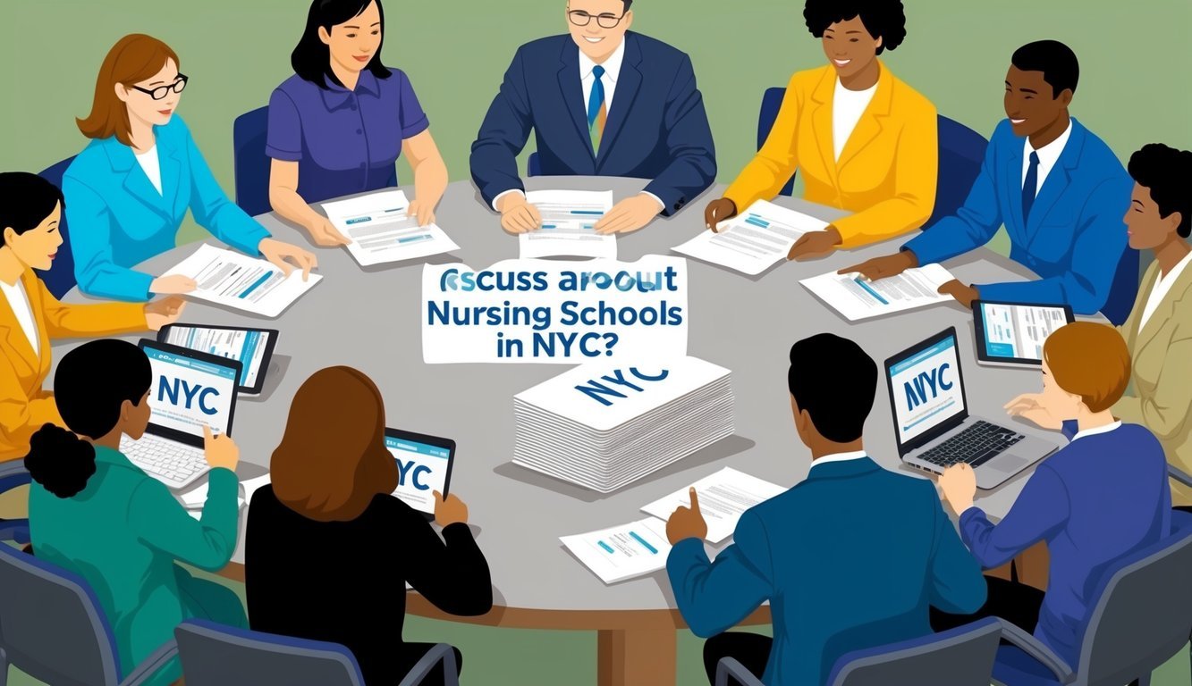A group of people gathered around a table, discussing and exchanging information about nursing schools in NYC.</p><p>A stack of papers and laptops are visible