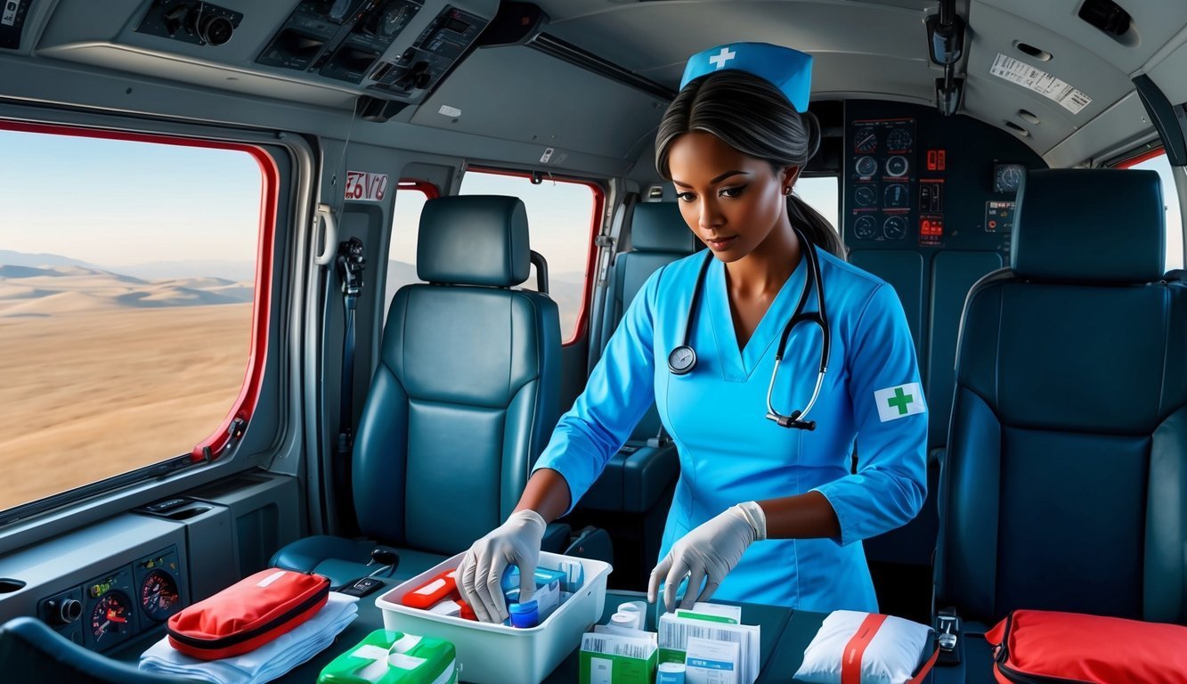 Nurse in helicopter preparing medical supplies for a desert rescue