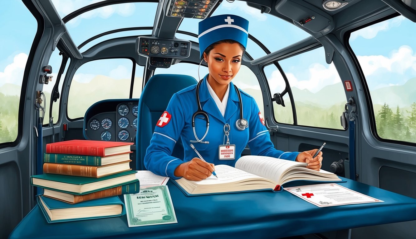 A flight nurse studying textbooks and certificates in a medical helicopter