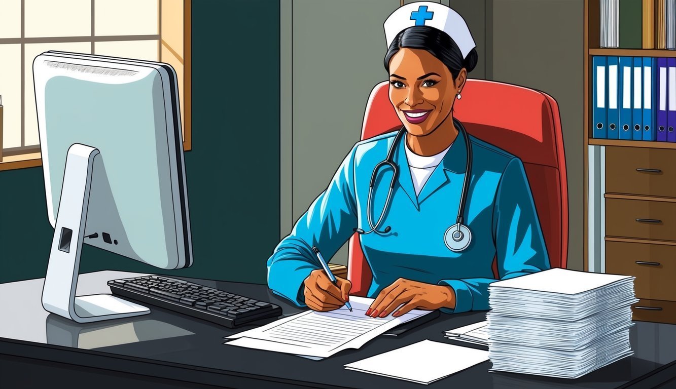 Smiling nurse in uniform writing at a desk with a computer