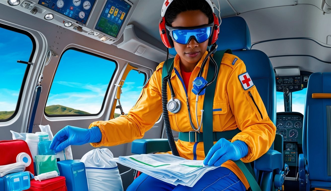 A flight nurse demonstrates clinical skills and competencies in a helicopter, equipped with medical supplies and equipment