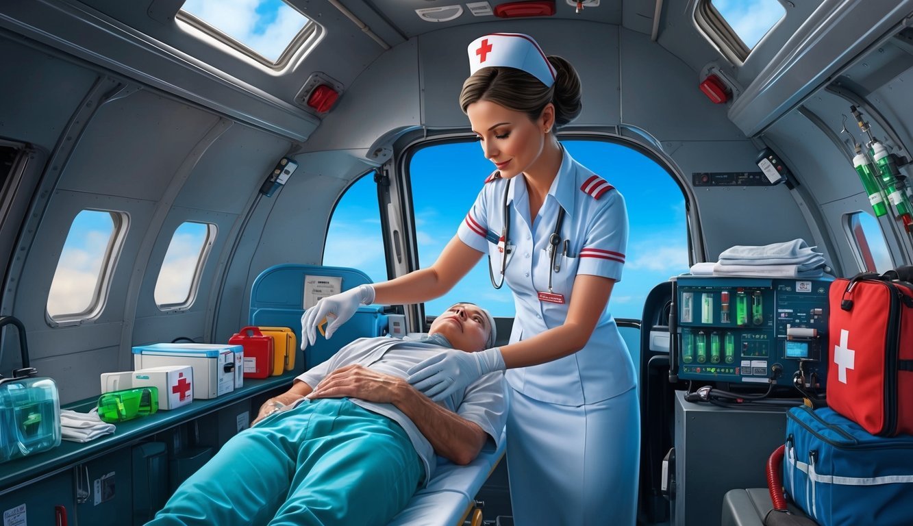 A flight nurse in uniform tends to a patient inside a helicopter, surrounded by medical equipment and emergency supplies