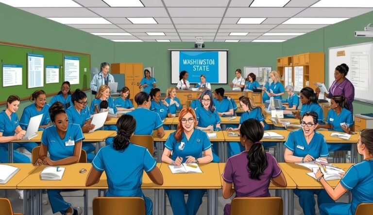 Nursing students in a classroom, with a Washington State presentation on screen