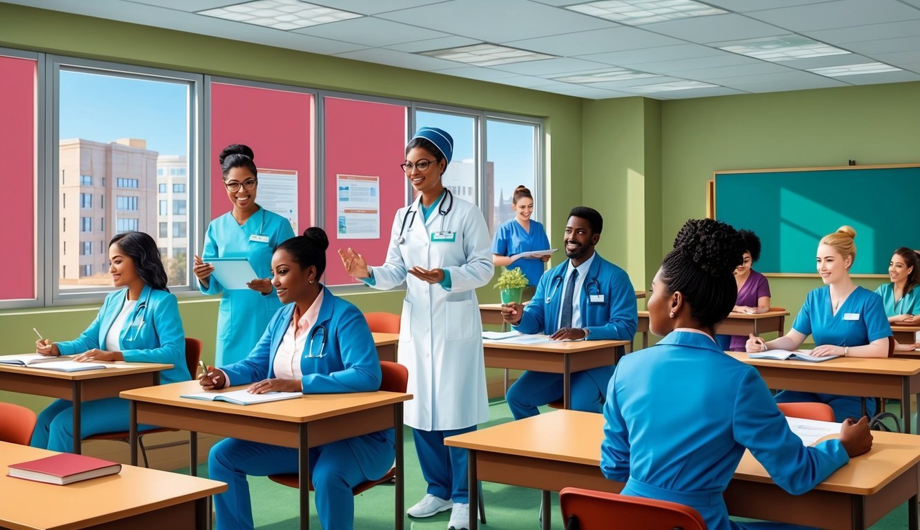 A classroom setting with students and instructors engaged in nursing education activities