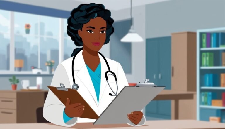 Illustration of a Black female doctor holding clipboards in an office