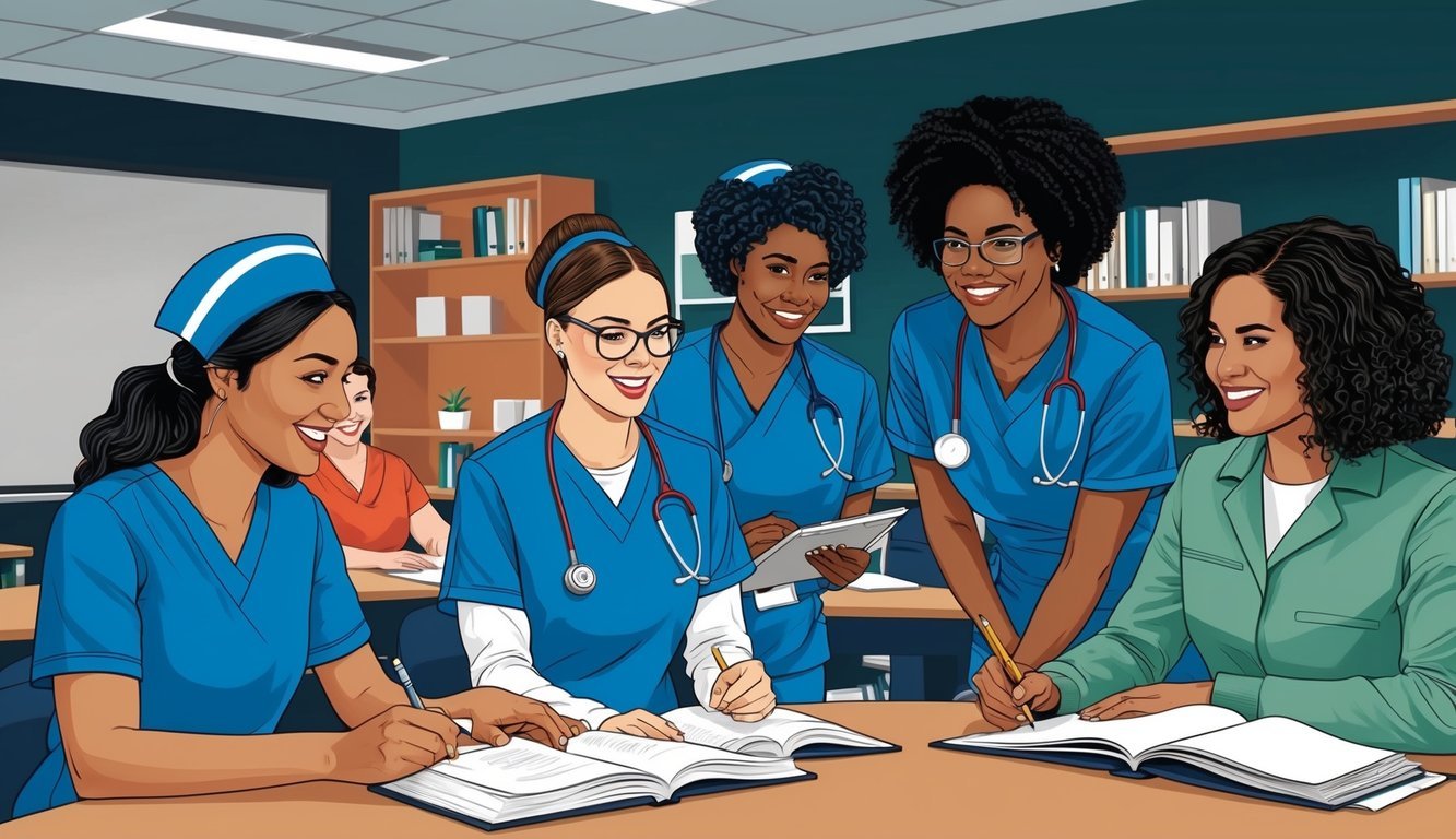 A group of nursing students in Washington State studying and collaborating in a modern classroom setting