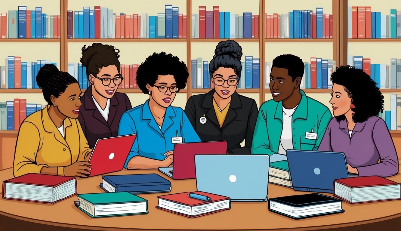 A group of students surrounded by textbooks and laptops, discussing nursing programs in Washington state