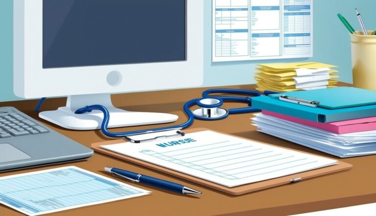 Nurse's desk with computer, stethoscope, clipboard, and paperwork