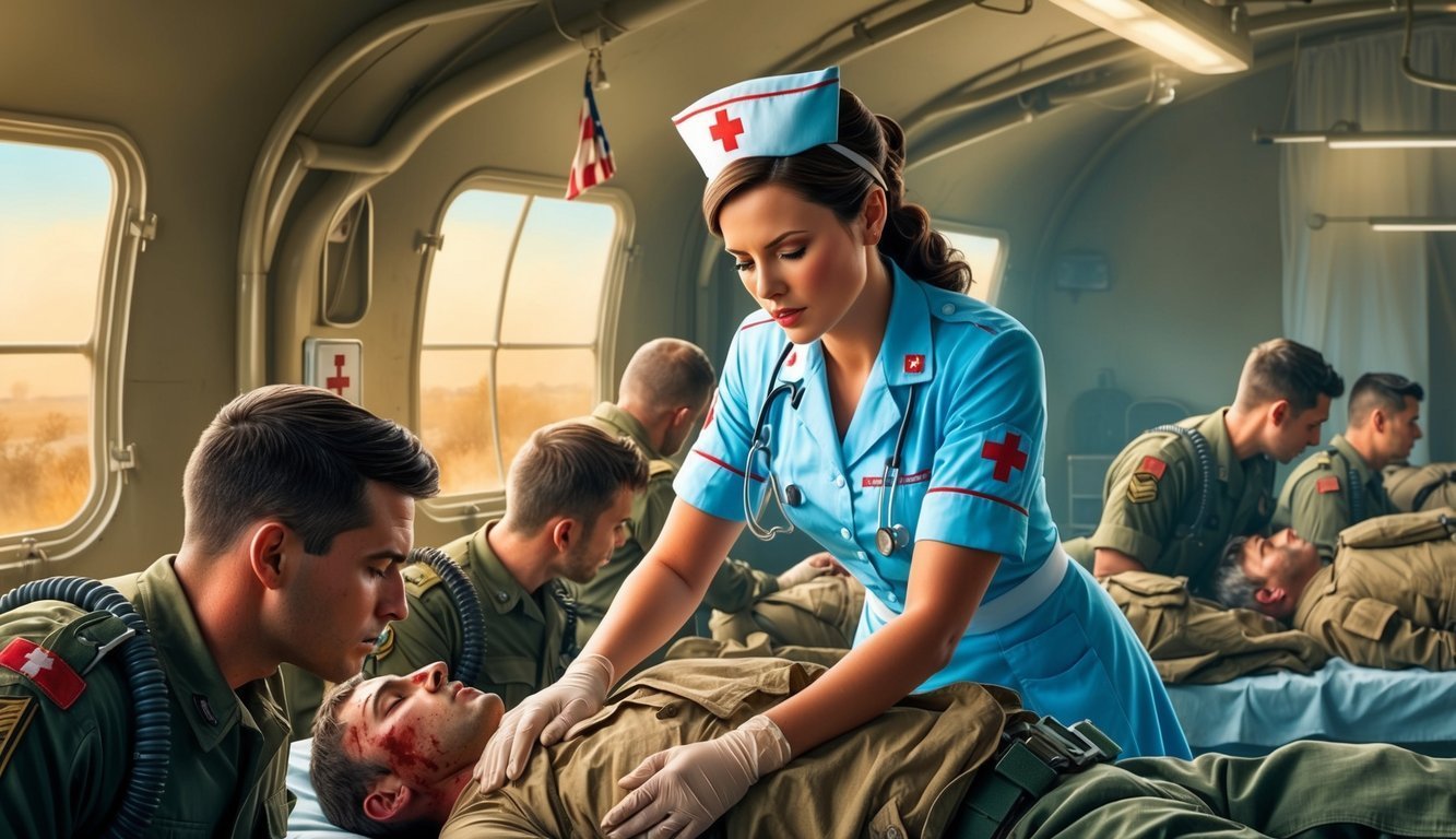 Nurse tending to injured soldier in a military medical transport