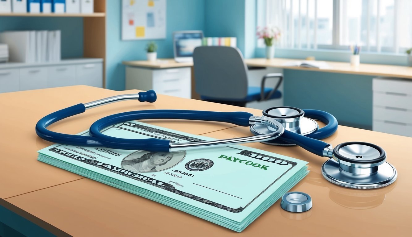 Stethoscope on a stack of paychecks in a doctor's office