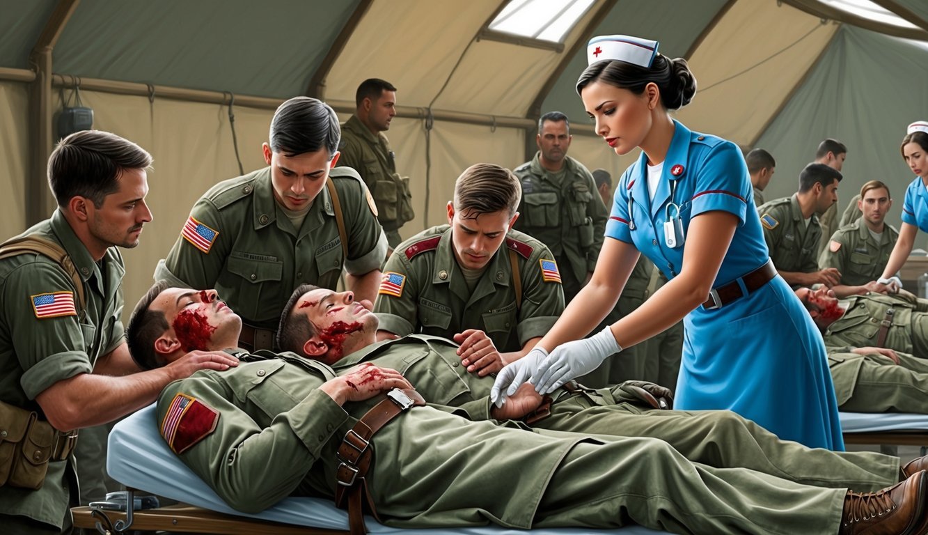 A nurse in army uniform tending to wounded soldiers in a field hospital
