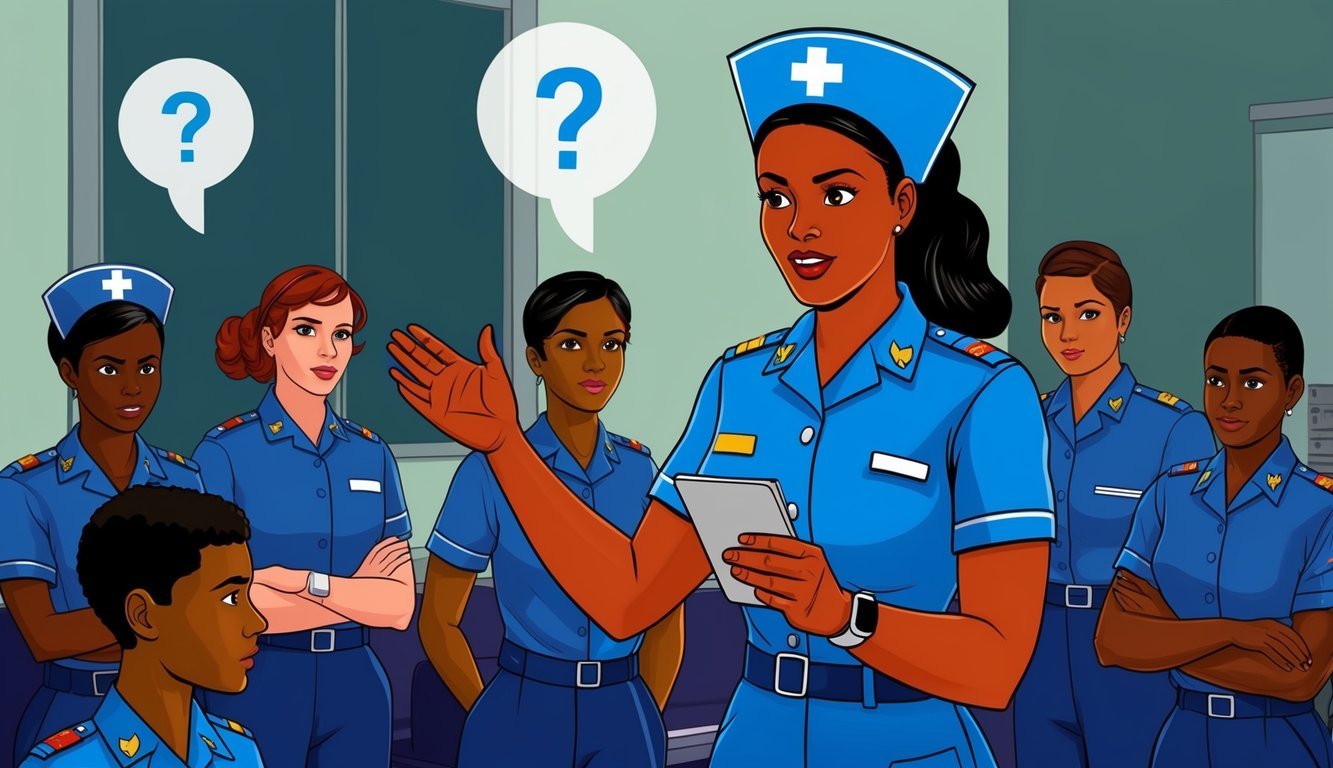 A nurse in uniform answering questions for recruits