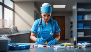 Nurse in blue scrubs prepares medical supplies on a table
