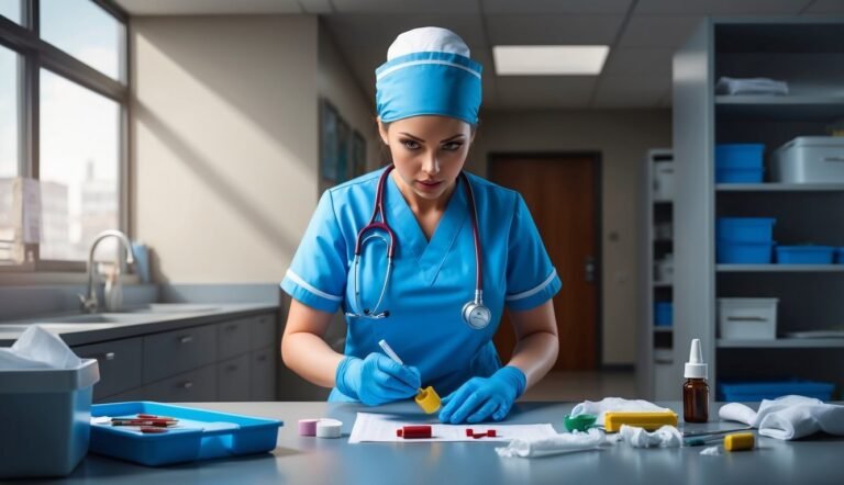 Nurse in blue scrubs prepares medical supplies on a table