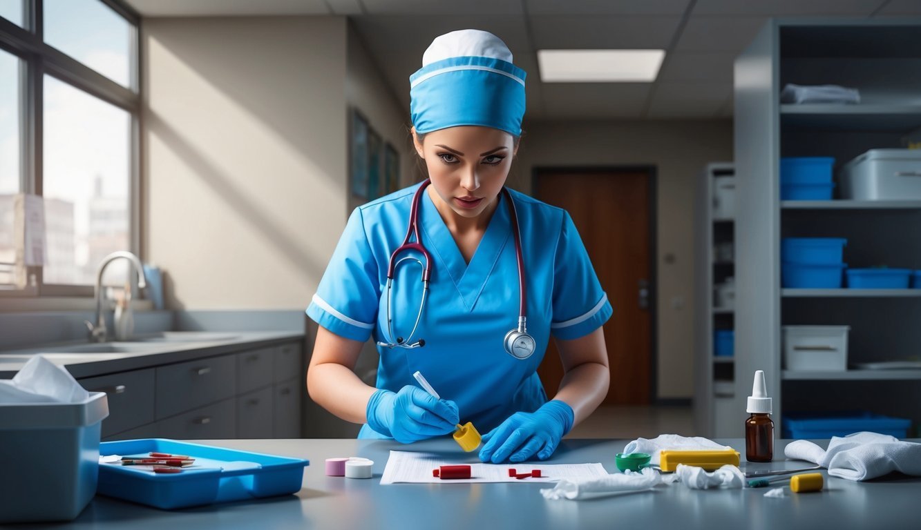 Nurse in blue scrubs prepares medical supplies on a table