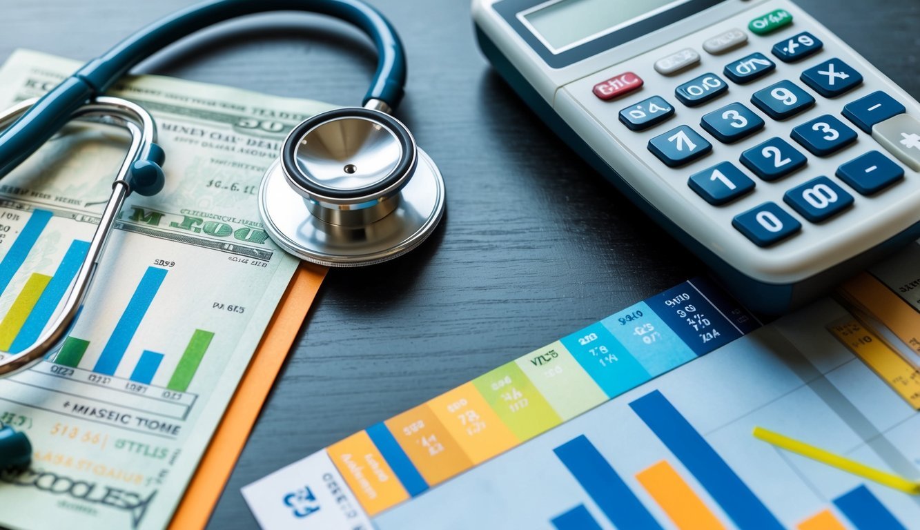 A stethoscope resting on a table next to a paycheck and a chart of salary statistics